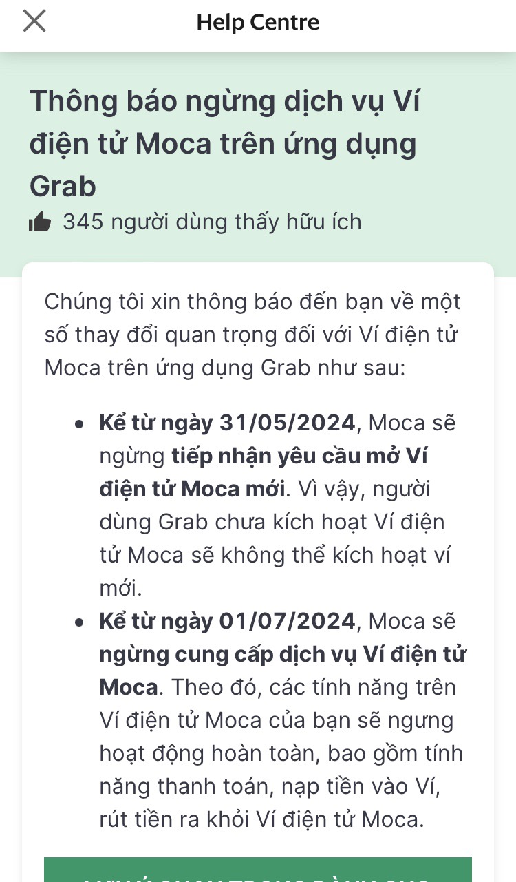 Ứng dụng Moca thông báo dừng hoạt động từ ngày 01/07/2024
